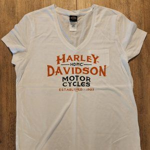 Cute Women's Medium White Harley-Davidson Vee Neck Tee Shirt